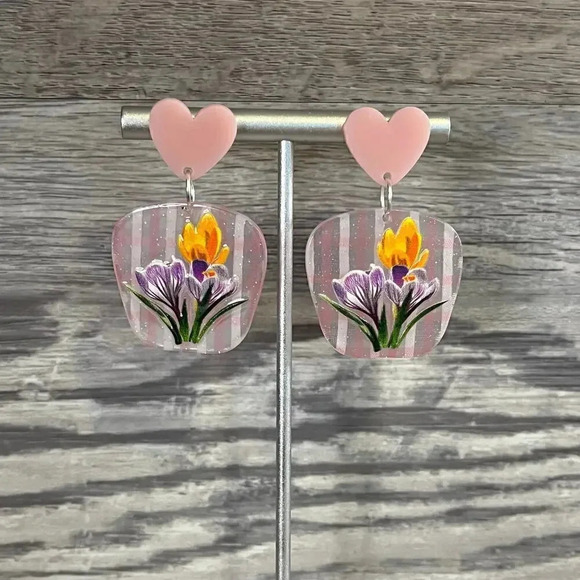Floral Acrylic Heart Drop Earrings - Picture 2 of 8
